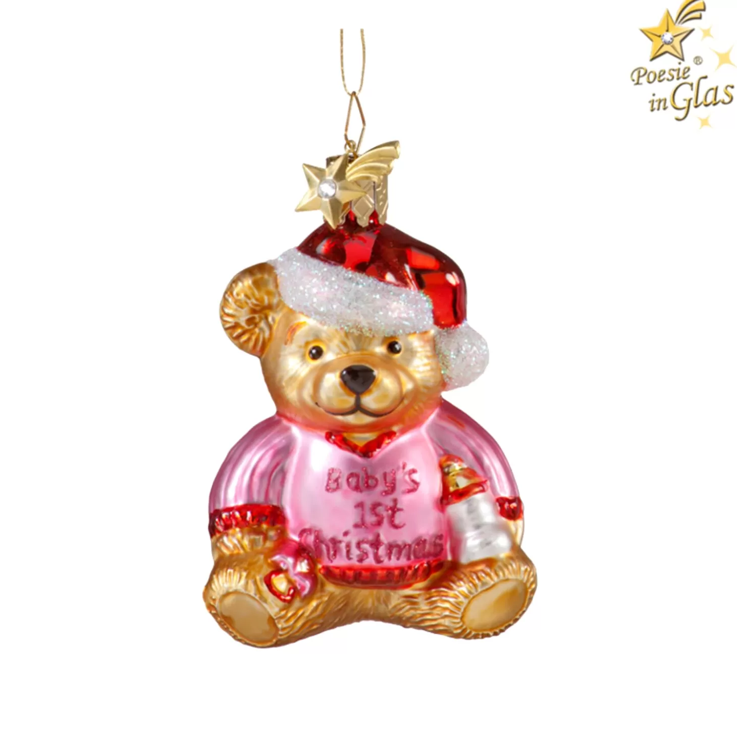 Poesie in Glas Glass Tree Decorations>Bear "Baby's 1St Christmas" (Pink)