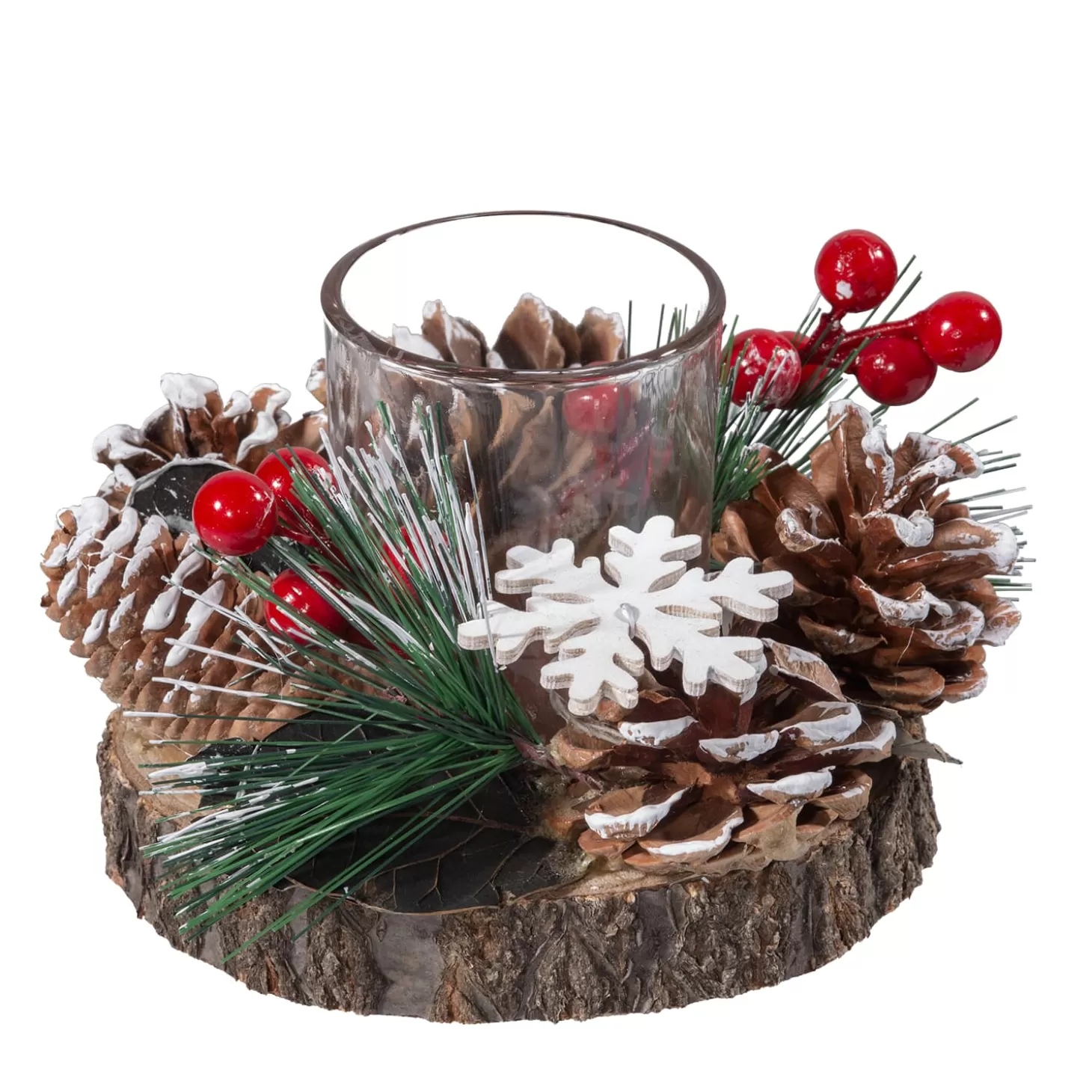 * Home Decorations>Candle Holder On Tree Slice With Red Berries And Pine Cones