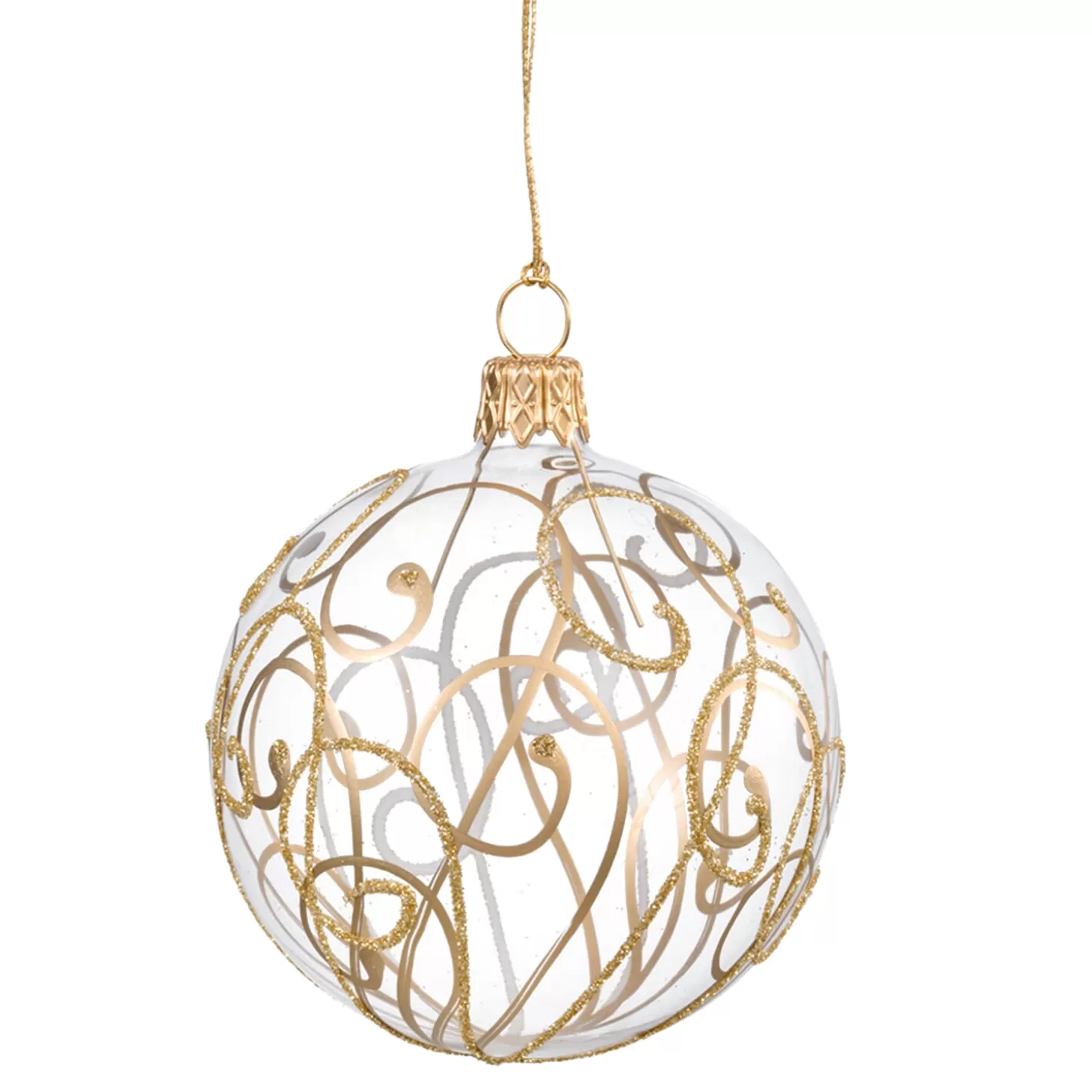 * Tree Baubles And Set Offers>Glass Bauble Clear With Golden Flourishes, 7 Cm