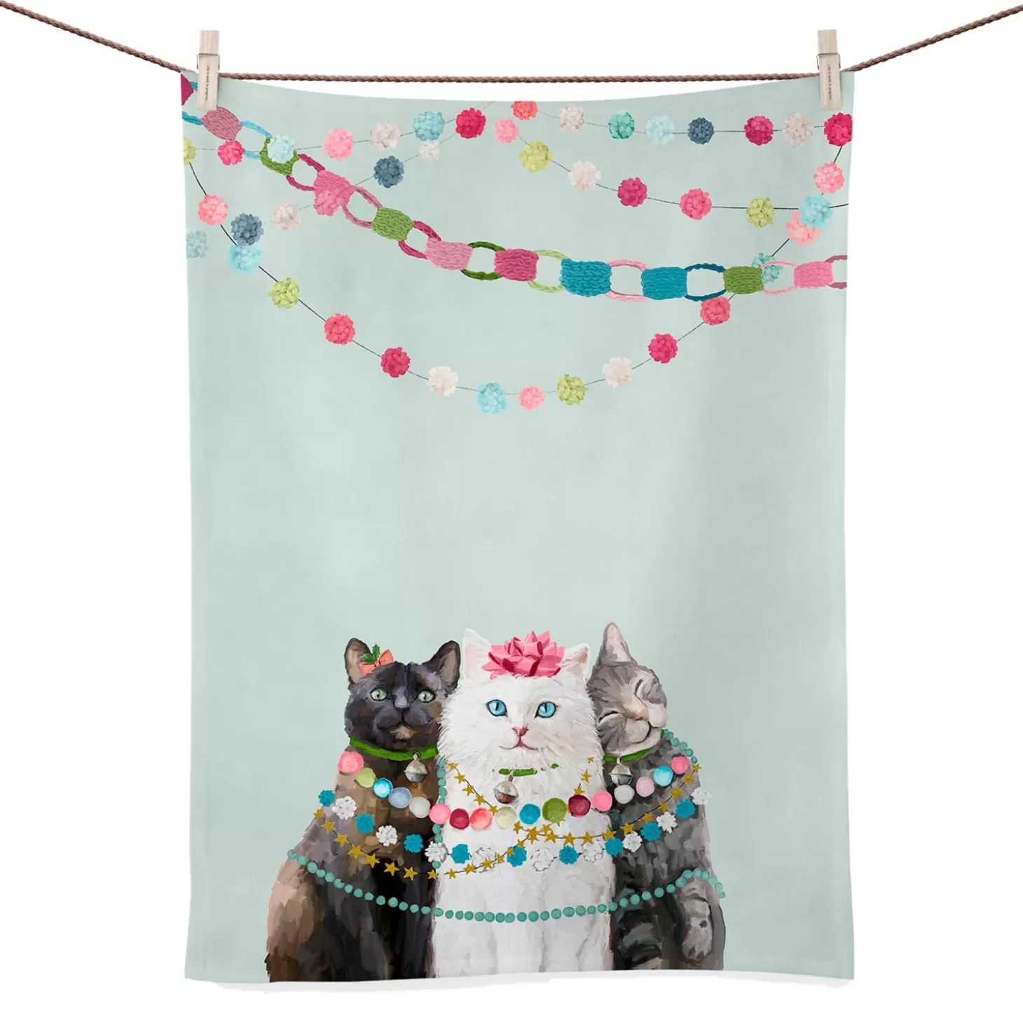 * Table Decorations>Holiday - Festive Cat Trio Bright Tea Towel