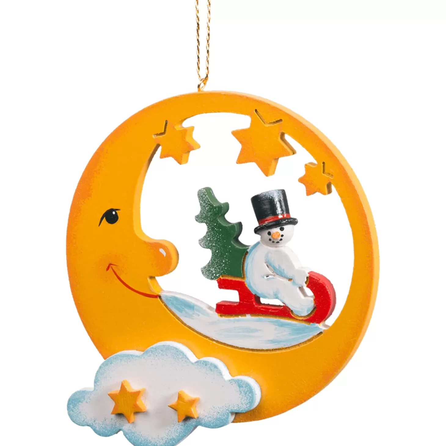 * Wood Tree Decorations>Moon With Snowman On Sled