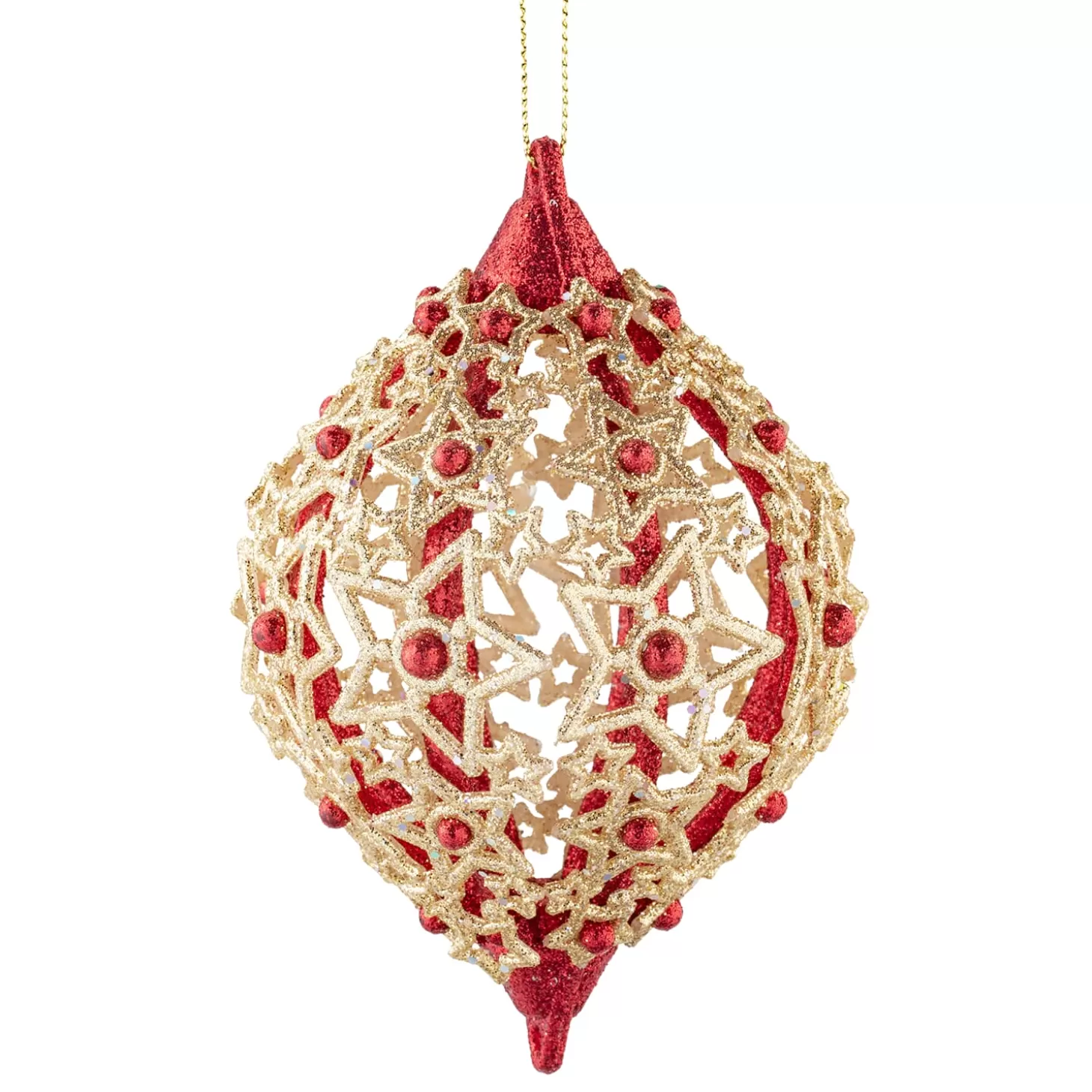 * Plastic Tree Decorations>Olive With Filigree Stars, Red