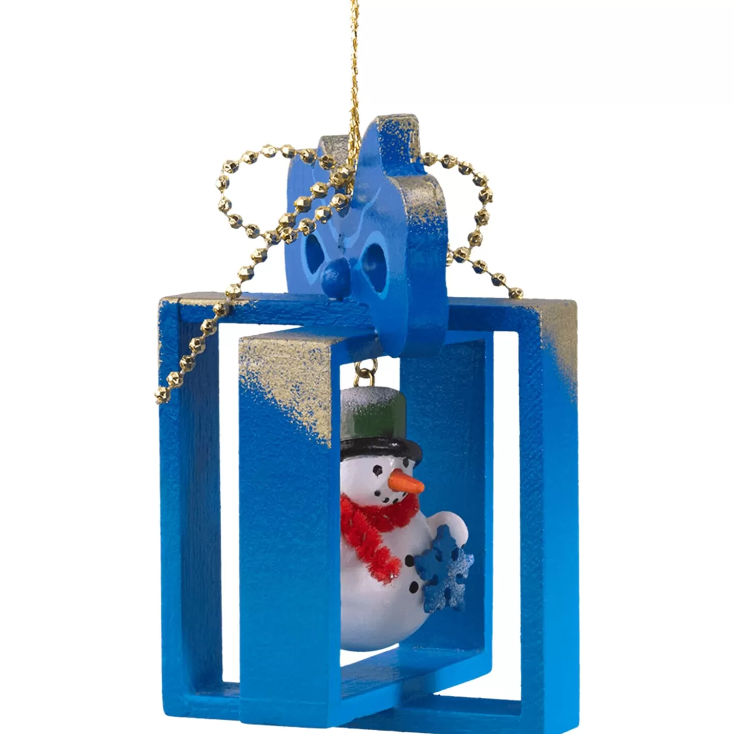 * Wood Tree Decorations>Present With Snowman, Blue