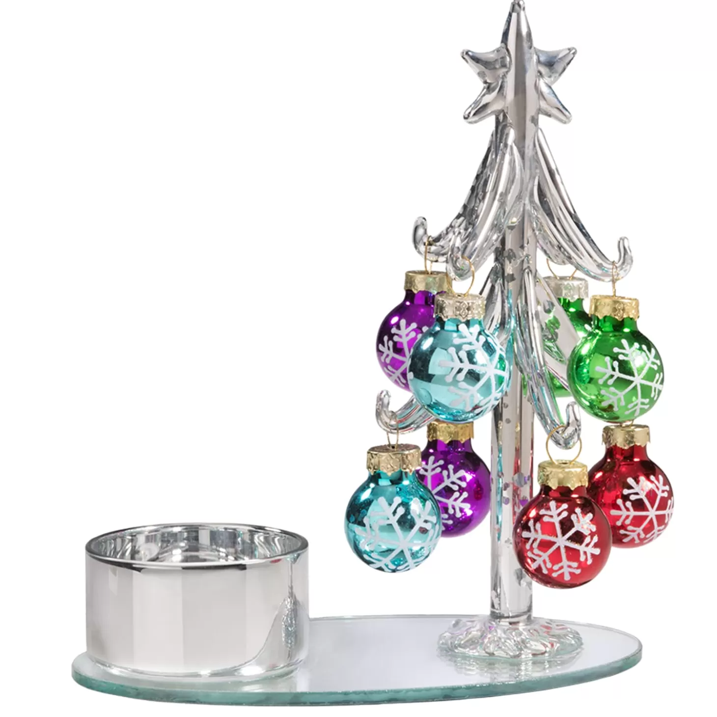 * Candle- & Tealight Holders>Tealight Holder Glass Tree With Colourful Baubles, Silver