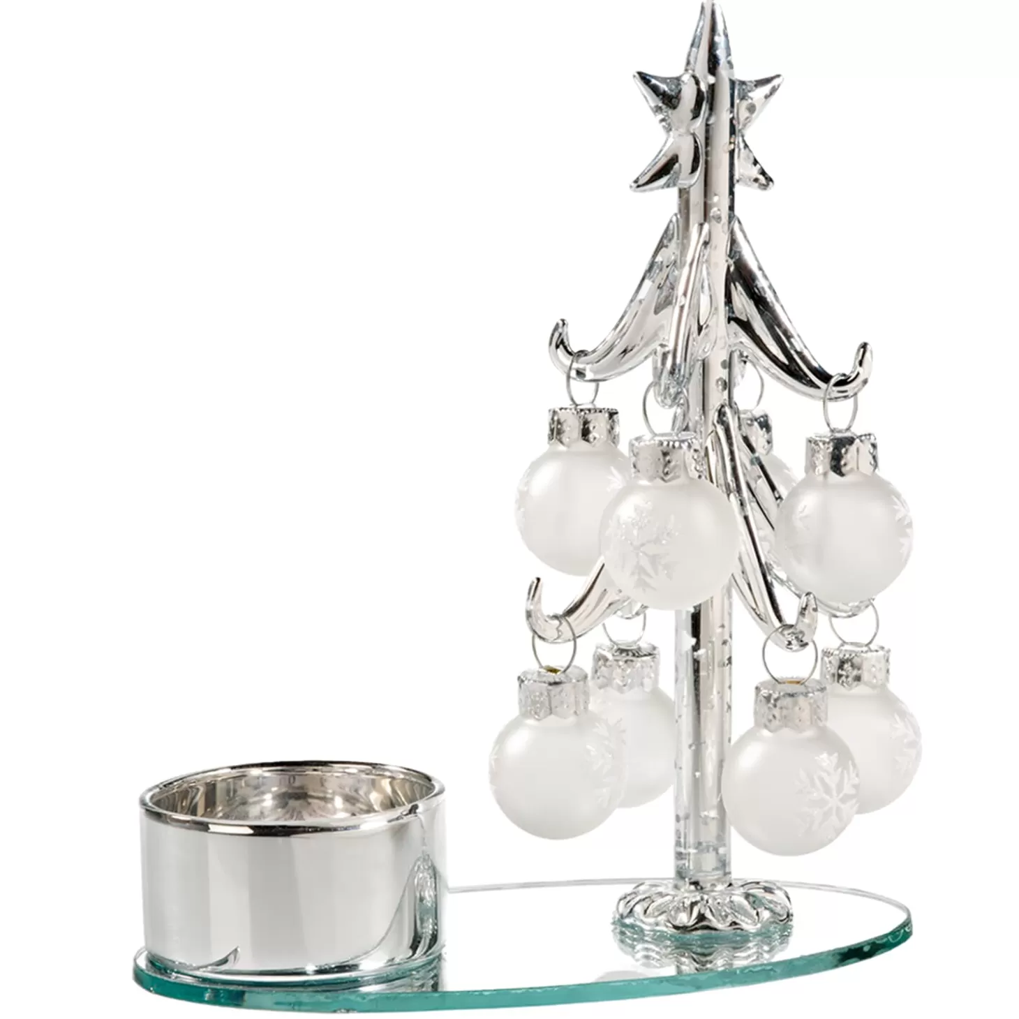 * Candle- & Tealight Holders>Tealight Holder Glass Tree With White Baubles, Silver