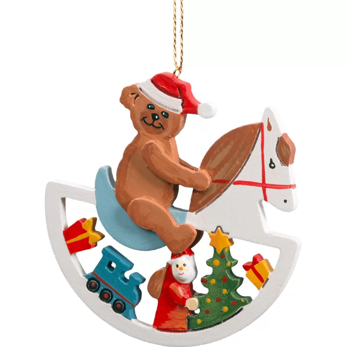 * Wood Tree Decorations>Teddy On Rocking Horse